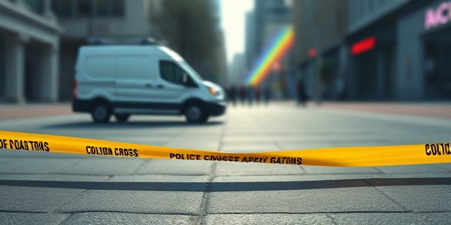 Una ilustración conceptual y minimalista que represente la fragilidad de la seguridad urbana. Una valla policial de cinta amarilla rota en primer plano, con la sombra proyectada de una furgoneta blanca sobre un pavimento gris. Al fondo, destellos de colores del arcoíris difuminados y apagados, sugiriendo una fiesta interrumpida. Estilo editorial, tonos contrastados, atmósfera melancólica y tensa.