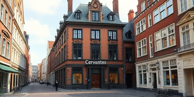 Un edificio histórico en el centro de Utrecht con un valor de 10 millones de euros, rodeado de calles empedradas y edificios antiguos, con un gran letrero que dice 