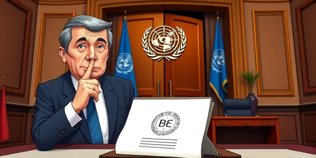Una ilustración satírica de estilo editorial. Un personaje político con rasgos genéricos sostiene un dedo sobre sus labios en señal de silencio, mientras que detrás de él, una puerta abierta muestra un lujoso despacho de un organismo internacional con la bandera de la ONU. Sobre la mesa, un documento oficial con el sello del BOE está siendo cubierto por una servilleta de papel. Colores sobrios con un toque de ironía visual, estilo caricatura de prensa de alta calidad.