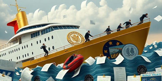 Una ilustración conceptual y satírica. Un lujoso barco dorado con el escudo de un gobierno empezando a hundirse en un mar de papeles judiciales y expedientes. Personajes anónimos con trajes ejecutivos saltando desesperadamente desde la cubierta hacia botes salvavidas que tienen logotipos de grandes corporaciones tecnológicas y financieras. Estilo editorial de revista política, colores contrastados, atmósfera de caos elegante.