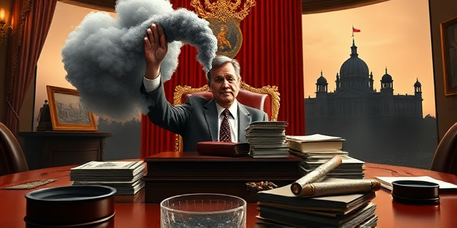 Una ilustración satírica y conceptual. Un escritorio ministerial lujoso donde una figura política lanza una gran granada de humo gris que oculta una montaña de expedientes judiciales y fajos de billetes. En primer plano, un cenicero con un cigarrillo encendido y, al fondo, una silueta de un hospital desmoronándose. Estilo editorial de revista política, colores contrastados, atmósfera cínica.