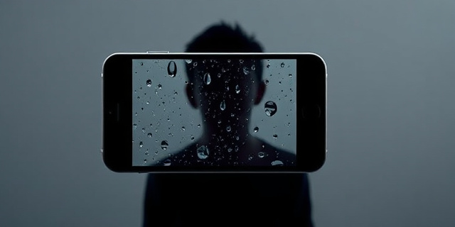 Un móvil con una pantalla que muestra una lluvia de gotas de lágrimas, rodeado de un fondo gris con una silueta de una persona mirando nerviosa, sin rostro, transmitiendo la sensación de registro emocional en tiempo real.