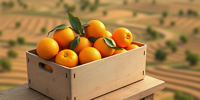 Una imagen de una caja de mandarinas sudafricanas con un fondo de campos de cultivo españoles