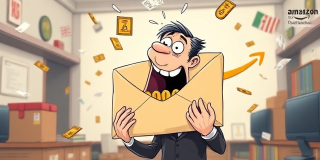 Una ilustración satírica estilo caricatura editorial. Un hombre con traje elegante y expresión confundida sostiene un sobre de correo gigante que tiene un agujero enorme por donde caen monedas de oro. Al fondo, un logo minimalista de una flecha de entrega (estilo Amazon) mirando con desprecio. El entorno es una oficina burocrática española llena de sellos y papeles volando, con un aire de caos administrativo.