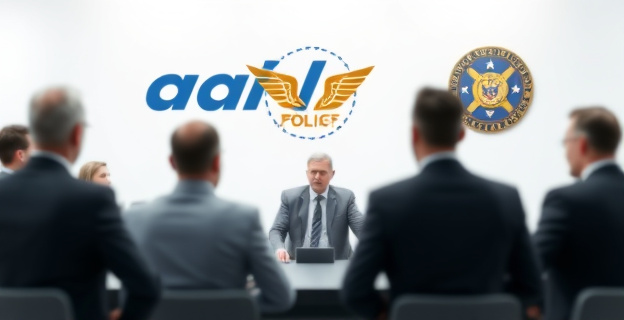 Imagen conceptual de una red de influencias y control en la sombra dentro de un ministerio, con figuras borrosas de hombres de traje alrededor de una mesa de despacho. Al fondo, un logo de una aerolínea y un sello de una institución policial.