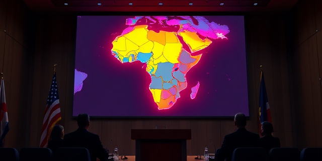 Una ilustración satírica de un mapa de África distorsionado y surrealista flotando sobre un podio de conferencia diplomática. El mapa tiene colores neón erráticos y fronteras derretidas. Al fondo, siluetas de diplomáticos con trajes oscuros mirando la pantalla con confusión. Estilo editorial moderno, colores contrastados, atmósfera de oficina gubernamental fría.