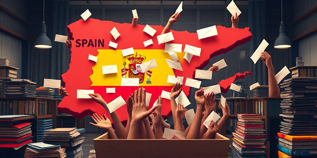 Una ilustración conceptual y satírica que muestra un mapa de España hecho de papel de votación, donde miles de manos provenientes de América Latina depositan sobres en una urna gigante. Estilo editorial de revista política, colores contrastados, atmósfera de oficina burocrática con carpetas acumuladas.