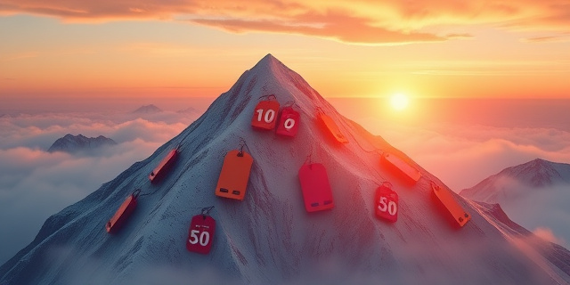 Una composición artística surrealista que muestra una montaña hecha de etiquetas de descuento gigantes y ropa de senderismo de alta gama flotando en un aire etéreo. Colores vibrantes, estilo publicitario moderno con un toque de ironía, iluminación dramática de atardecer.