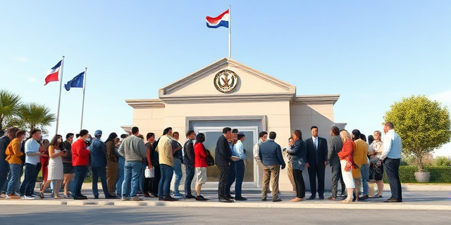 Una larga fila de personas con ropa cotidiana, esperando frente a un consulado sencillo que lleva un emblema diplomático genérico, bajo un cielo claro. La escena captura la tensión de la burocracia y la esperanza de regularizarse.