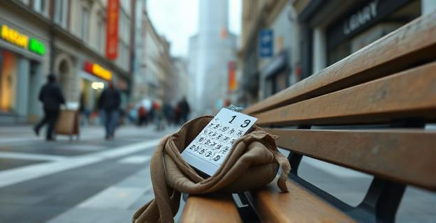 Un bolso olvidado en un banco de una calle concurrida con números de lotería dentro