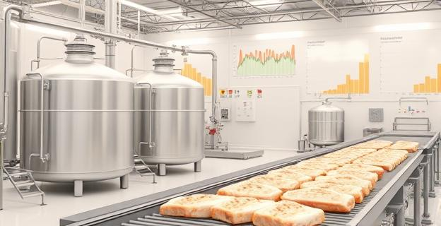 Imagen de una planta industrial moderna con grandes tanques de fermentación y líneas de producción de proteína en polvo y filetes estructurados, con un fondo de gráficos mostrando análisis nutricionales y ambientales