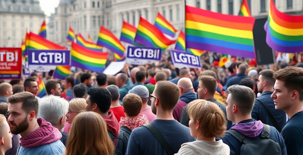 Una imagen que represente un grupo diverso de personas de diferentes géneros y orientaciones sexuales reunidas en un mitin político, con pancartas y banderas LGTBI, en un ambiente tenso pero de unidad.