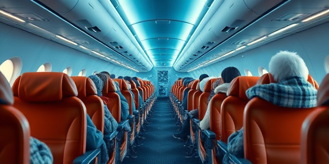 Una ilustración conceptual y satírica de la cabina de un avión convertida en un iceberg. Los pasajeros están envueltos en mantas gruesas y bufandas, mientras que el aire se representa como corrientes de color azul eléctrico y cristales de hielo flotando en el pasillo. Estilo editorial moderno, colores contrastados entre el azul gélido y el naranja cálido de los asientos.