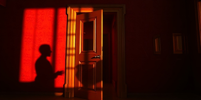 Una composición abstracta con tonos oscuros y rojos. Una puerta dorada ligeramente entreabierta con sombras proyectadas que sugieren figuras humanas distorsionadas. Un laberinto de pasillos y espejos rotos en el fondo. La imagen debe evocar opulencia, misterio y corrupción.