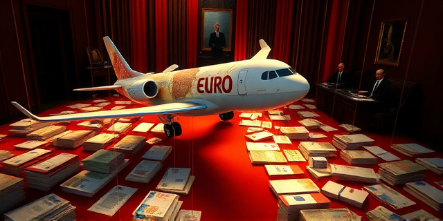 Una ilustración conceptual al estilo editorial satírico. Un avión de lujo hecho de billetes de euro aterrizando en una alfombra roja que se convierte en un laberinto de expedientes judiciales y sellos oficiales. De fondo, siluetas anónimas de políticos en un despacho oscuro moviendo hilos de marionetas. Colores contrastados, sombras dramáticas, estilo caricatura política de alta gama.