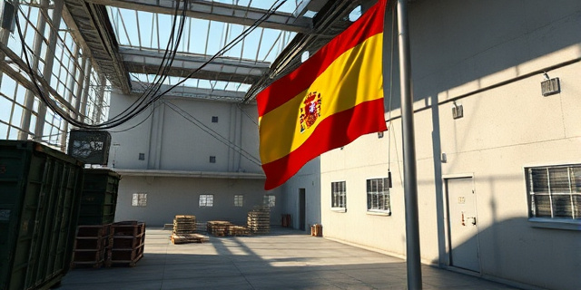 Un centro logístico moderno con cables y mapas digitales de Gaza, una bandera española rota colgando de un poste, un edificio militar de estilo austero y sombras que sugieren tensión política.