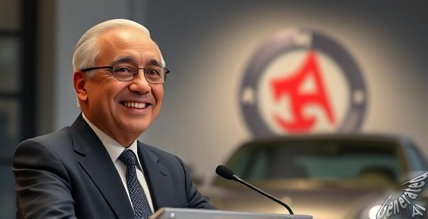 Un presidente argelino sonriente mientras habla en una conferencia de prensa con un logo de coches al fondo.