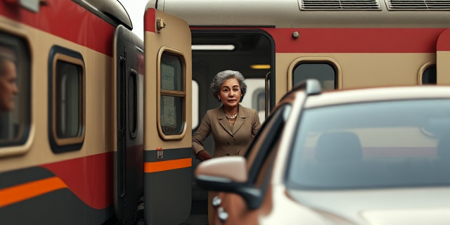 Una mujer importante sale de un tren averiado y sube a un coche para llegar a un acto político