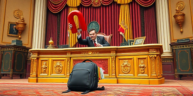 Una ilustración conceptual y satírica. Un escritorio presidencial lujoso y dorado donde un funcionario con traje elegante usa un imán gigante para succionar monedas y libros escolares de una mochila de estudiante desgastada que está en el suelo. Estilo editorial de caricatura periodística, colores contrastados, atmósfera de ironía institucional.