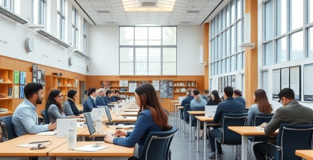 Una universidad con letreros y materiales en euskera, con estudiantes y profesores hablando en euskera, en un entorno académico
