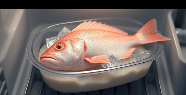 Una imagen de un bacalao siendo desalado en un recipiente con agua fría en la nevera, con trozos de hielo alrededor y la piel hacia arriba, en un ambiente de cocina mediterránea.