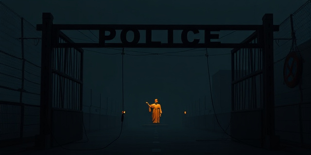 Una imagen conceptual en tonos oscuros y saturados. Un arco de seguridad policial desmantelado, con cables colgando, ligeramente inclinado. En el fondo, una silueta dorada y distante que recuerda a una figura religiosa. La composición debe evocar una sensación de abandono y desprotección.