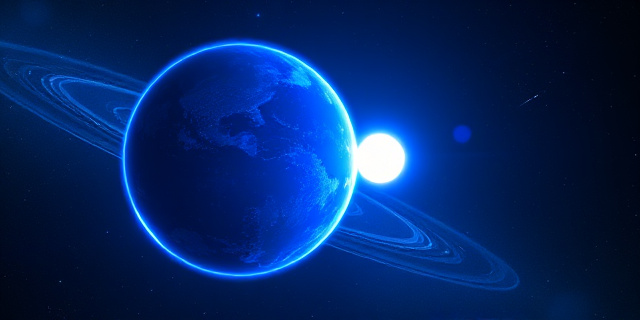 Representación artística de un sistema binario estelar. Una estrella gigante azul vibrante y brillante junto a una pequeña y densa esfera blanca brillante y compacta, rodeadas de un vacío cósmico con nebulosas tenues y polvo estelar, estilo cinematográfico de ciencia ficción, alto contraste entre el tamaño y la intensidad lumínica.