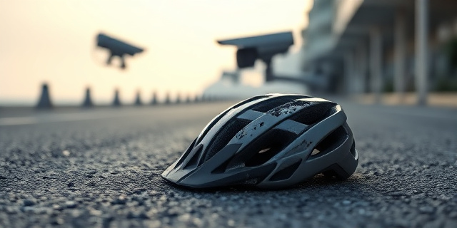 Una imagen conceptual y dramática. Un casco de ciclista antiguo y abollado abandonado sobre el asfalto gris de una carretera costera mediterránea. Al fondo, desenfocado, la silueta de una cámara de vigilancia urbana fría y metálica observando la escena. Luz de mañana fría, atmósfera de soledad y justicia tecnológica.