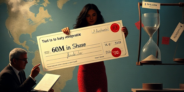 
  Una escena surrealista en un juzgado moderno: un gigante de hormigón (la AEAT) con una balanza rota en una mano y un maletín lleno de billetes (60 millones) en la otra, siendo observado por una figura estilizada (Shakira) con un vestido de gira mundial (luces de escenario, siluetas de 37 países) mientras un juez con toga levanta un martillo que dice 