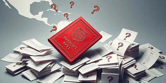 Una ilustración satírica y conceptual. Un sello oficial de pasaporte gigante que cae sobre un mapa de América Latina, pero el sello tiene forma de urna electoral. Alrededor, pilas de papeles desordenados y carpetas abiertas con signos de interrogación, simbolizando expedientes incompletos. Estilo editorial de revista política, colores contrastados, sombras marcadas, sin rostros humanos reconocibles.