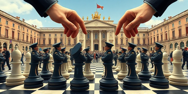 Una ilustración conceptual y satírica que represente una partida de ajedrez gigante en una plaza pública española. Las piezas son uniformes policiales y gorras militares que se mueven independientemente de las manos que intentan dirigirlas desde arriba. Estilo editorial de revista, colores contrastados, atmósfera de tensión institucional.