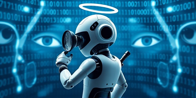 Una ilustración conceptual y satírica que muestre un robot blanco y pulcro con una aureola de santo, pero que sostiene una lupa de detective y un cable de escucha oculto detrás de su espalda. El fondo es un entorno digital abstracto con códigos binarios que se transforman en ojos que observan. Estilo editorial moderno, colores contrastados entre blanco puro y sombras oscuras.