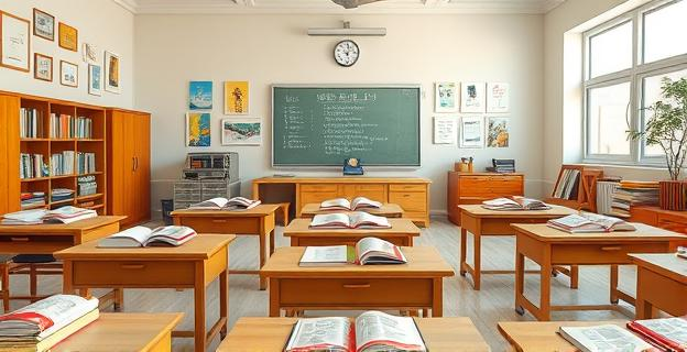 Aula escolar con materiales religiosos y libros de texto en diferentes idiomas, sin personas