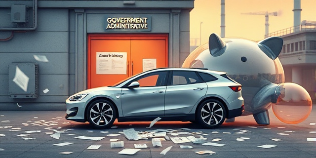 Una ilustración conceptual y satírica. Un coche eléctrico moderno y brillante estacionado frente a una ventanilla de administración pública cerrada con un cartel de 