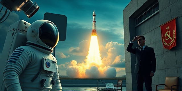 Una ilustración cinematográfica y satírica que contraste el lujo tecnológico estadounidense con el brutalismo soviético. A un lado, un astronauta brillante y limpio bajo focos de prensa; al otro, la silueta de un ingeniero cansado en una oficina de concreto gris, vigilado por la sombra de un agente del KGB. Al fondo, un cohete R-7 despegando bajo un cielo plomizo de la Guerra Fría, estilo póster de espionaje de los años 60.