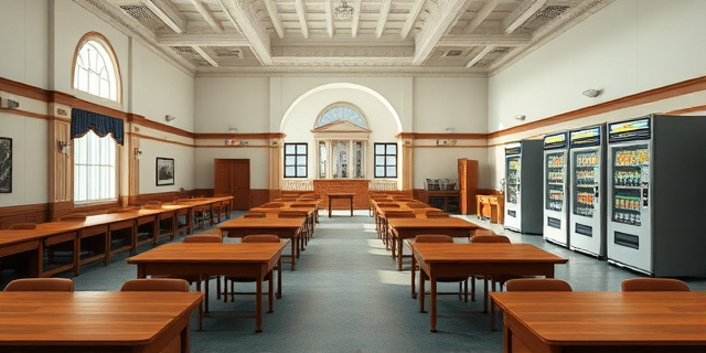 Una sala de congresos con mesas de madera, una ventana que deja ver un edificio gubernamental, una cocina abierta con una cocina industrial, mostradores de cafetería, y máquinas expendedoras de snacks y bebidas, sin rostros ni marcas claras.