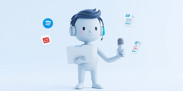 Una ilustración conceptual de un asistente digital elegante y minimalista sosteniendo una carpeta de archivos y un micrófono, rodeado de iconos flotantes de Spotify, Gmail y documentos PDF, estilo arte digital moderno, colores azul y blanco, fondo limpio y tecnológico.