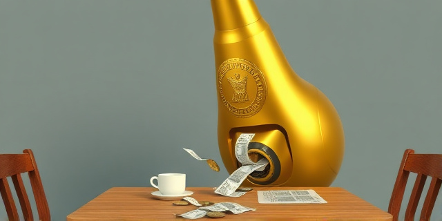 Una ilustración conceptual y satírica de una aspiradora gigante y dorada con el logotipo de un sello oficial, succionando monedas pequeñas y tickets de compra de una mesa de madera cotidiana donde hay un café y un periódico. Estilo editorial moderno, colores contrastados, atmósfera de ironía social.