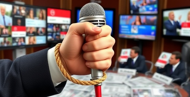 Una mano gubernamental apretando un micrófono con una cuerda alrededor, simbolizando control y restricción, sobre un fondo de periódicos y pantallas de televisión con noticias diversas.