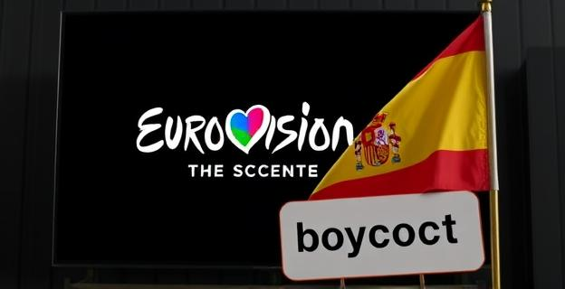 Una pantalla de televisión muestra el logo de Eurovisión en un fondo oscuro, con una bandera de España en primer plano arrugada y con un letrero que dice 