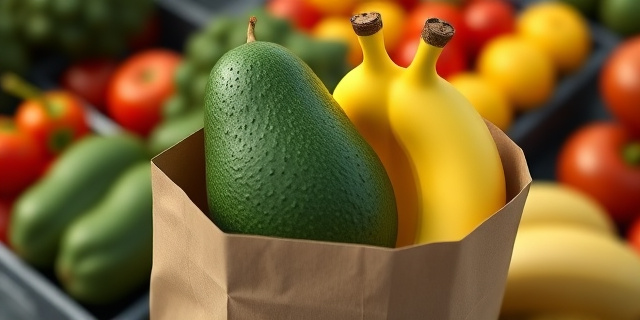 Un aguacate verde en una bolsa de papel con un plátano maduro, rodeados de frutas y verduras frescas en un mercado