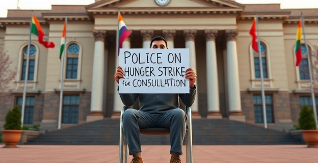 Una imagen de un hombre sentado en una silla frente a un ayuntamiento, con una pancarta que dice 