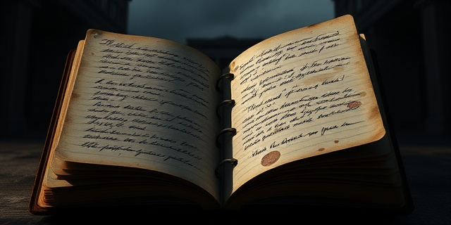Una libreta antigua y polvorienta abierta, con escritura a mano desordenada y manchas de tinta. Al fondo, una sombra que insinúa la arquitectura imponente de un edificio gubernamental. Paleta de colores oscuros y contrastados, con un toque de misterio y decadencia. Estilo pictórico realista, con pinceladas expresivas.