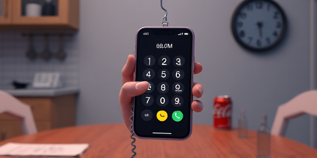 Un teléfono colgando sobre una mesa de cocina, con una mano neutra marcando un número, luces de neón y una pantalla que muestra una lista de contactos genéricos. Fondo de papel de cocina, una lata de refresco, y un reloj de pared con hora marcada a las 20:00.