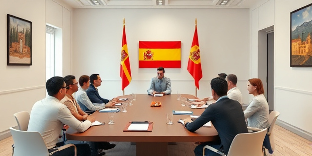 Una sala de reuniones del Ayuntamiento de Jaén con varias personas sentadas alrededor de una mesa, con papeles y carpetas sobre la mesa. Al fondo, una bandera de España y una bandera de la Comunidad Autónoma de Andalucía.