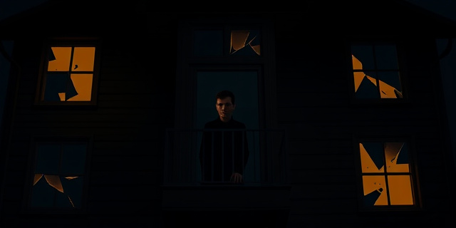 Una imagen conceptual que represente una casa con múltiples ventanas rotas, cada una iluminada con una luz tenue y parpadeante. En el centro, una figura sombría observa desde una ventana, con una expresión de preocupación y frustración. El estilo debe ser dramático y expresionista, utilizando colores oscuros y contrastes fuertes para transmitir la tensión y el conflicto.