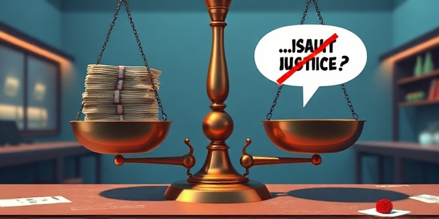 Una ilustración conceptual y satírica que muestra una balanza de justicia antigua. En un plato hay un fajo de billetes y en el otro un bocadillo de texto con un insulto tachado. El fondo es una cafetería minimalista y fría, con colores contrastados y un estilo de arte editorial moderno.