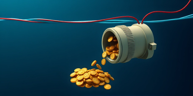 Una ilustración satírica y conceptual. Un cable eléctrico submarino gigante que conecta dos costas, pero el cable tiene la forma de una aspiradora que succiona monedas de oro desde una factura de luz doméstica española hacia el fondo del mar. Estilo editorial moderno, colores contrastados, fondo minimalista azul marino.