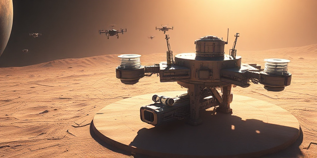 Una vista artística de una base lunar futurista, con estructuras modulares interconectadas, vehículos exploradores y drones revoloteando sobre un paisaje lunar desolado. Iluminación dramática y sombras largas que resaltan la inmensidad del espacio. Colores fríos y metálicos, con toques de naranja y rojo provenientes de la luz solar. Estilo de ciencia ficción realista.