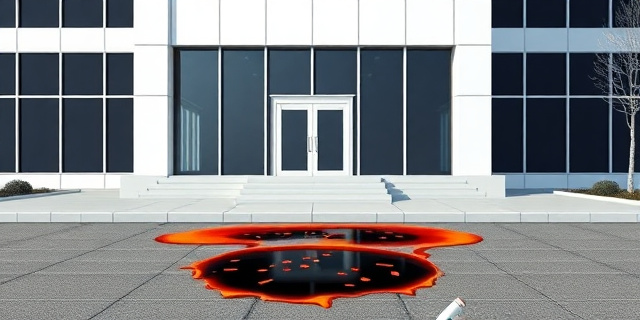 Una ilustración satírica de estilo editorial. Un edificio moderno y sobrio con una fachada blanca que tiene manchas negras de quemaduras circulares en la parte inferior. En el suelo, restos de plástico derretido y un mechero solitario. El estilo debe ser limpio, con colores contrastados y un aire de ironía urbana, sin personas visibles.